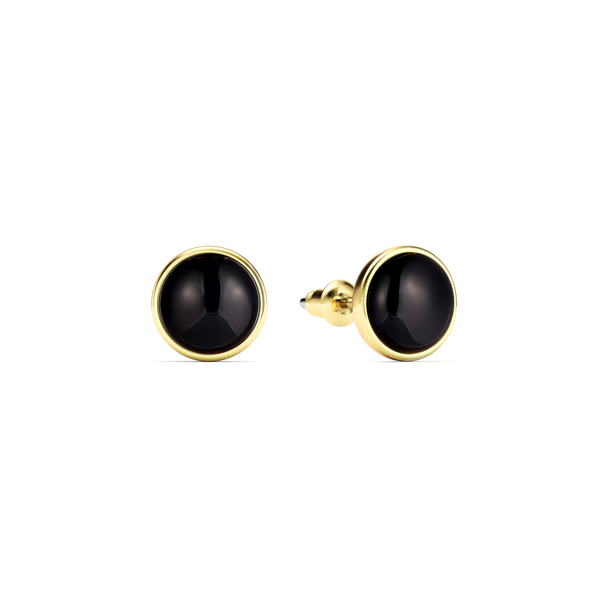 Round Petite Cabochon Stud Earrings Black Onyx Gold Plated