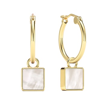 Square 18mm Hoop Drop Earrings Mother of Pearl Gold Plated