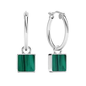 Square 18mm Hoop Drop Earrings Malachite Rhodium Plated