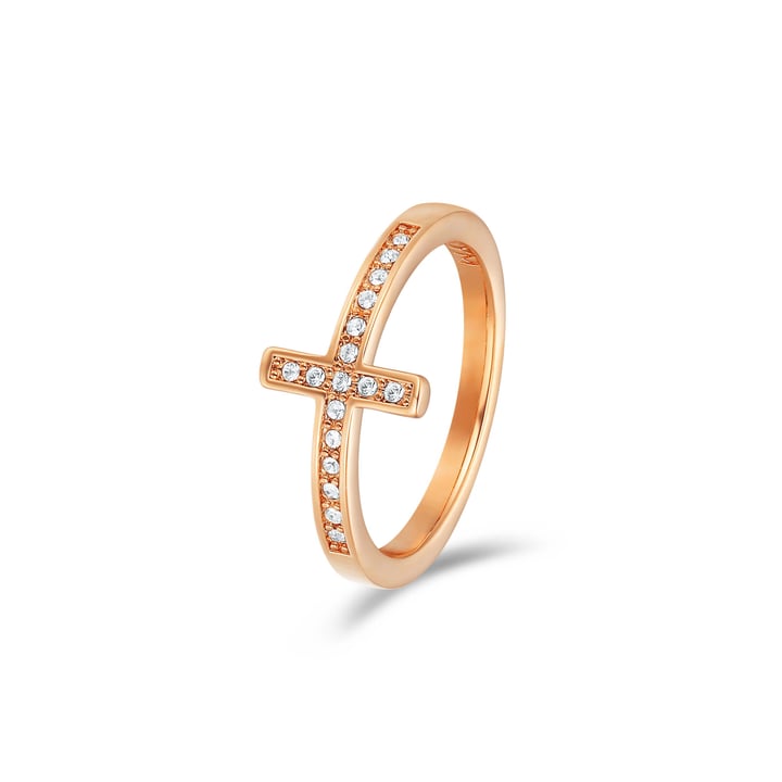 Minimalist Cross Ring with Clear Swarovski Crystals Rose Gold Plated