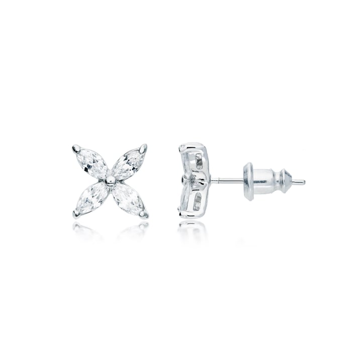 Victoria Flower Marquise Clear CZ Stud Earrings Bridal Rhodium Plated