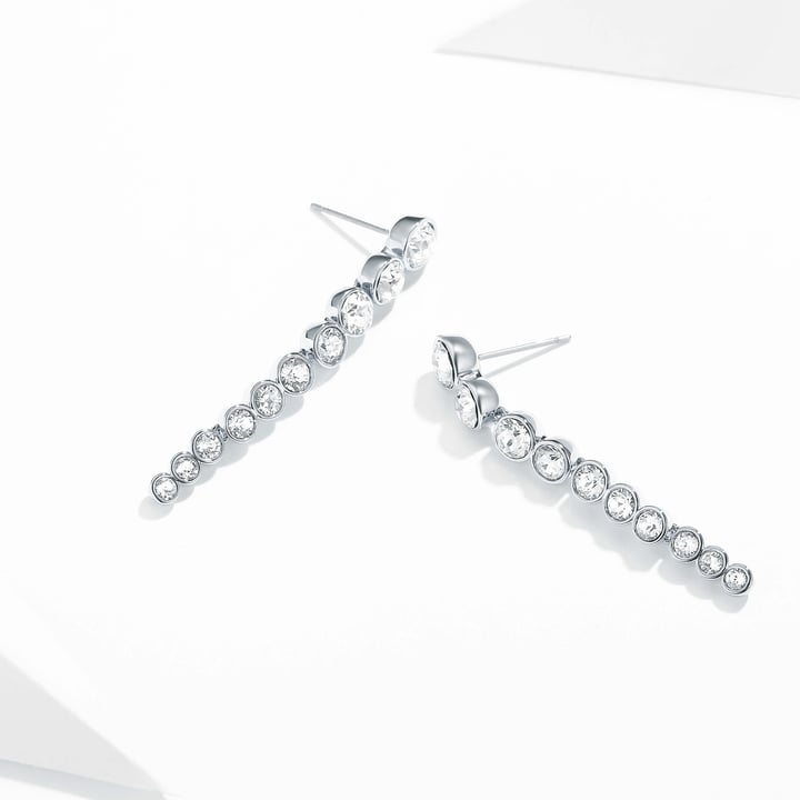 Tennis Cascade Drop Earrings with Clear Swarovski Crystals Rhodium Plated