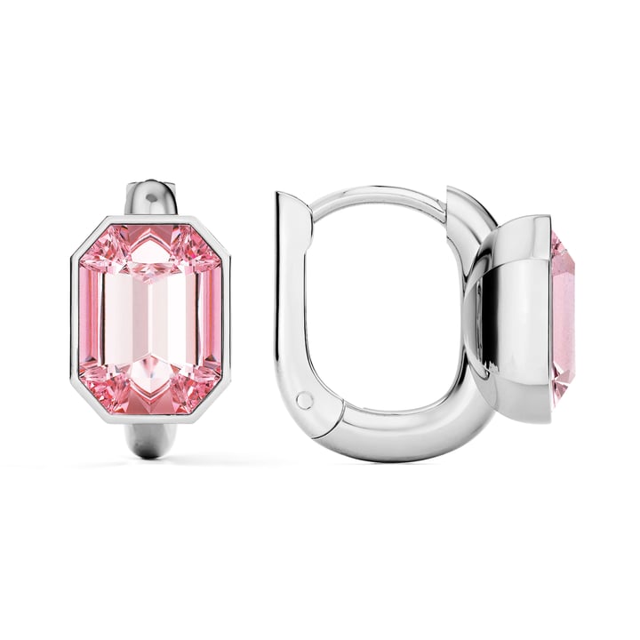 Octagon Statement Hoop Earrings with Light Rose Crystals Rhodium Plated