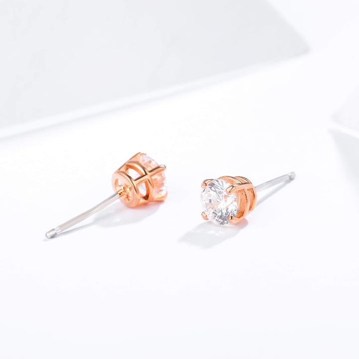 Solitaire Clear Cubic Zirconia Sterling Silver Stud Earrings 4mm Rose Gold Plated