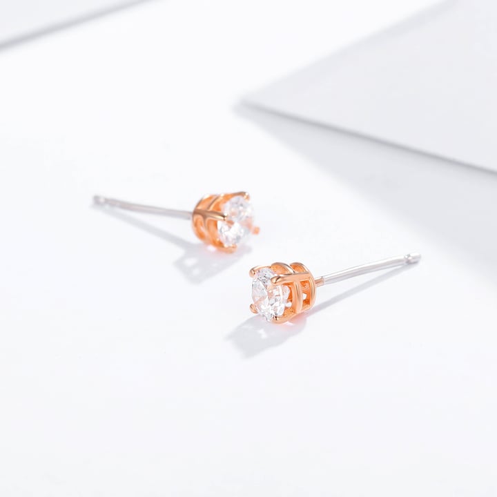 Solitaire Clear Cubic Zirconia Sterling Silver Stud Earrings 5mm Rose Gold Plated