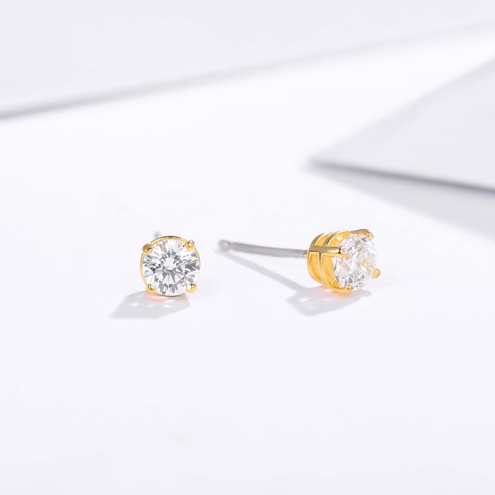 Solitaire Clear Cubic Zirconia Sterling Silver Stud Earrings 5mm Gold Plated