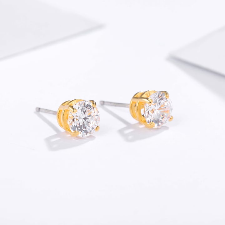 Solitaire Clear Cubic Zirconia Sterling Silver Stud Earrings 6mm Gold Plated