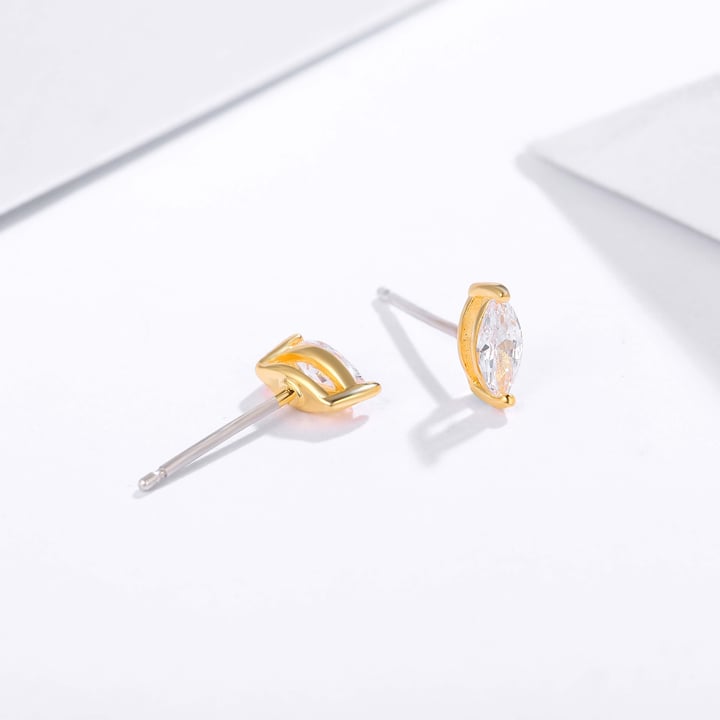 Solitaire Marquise Clear Cubic Zirconia Sterling Silver Stud Earrings Gold Plated