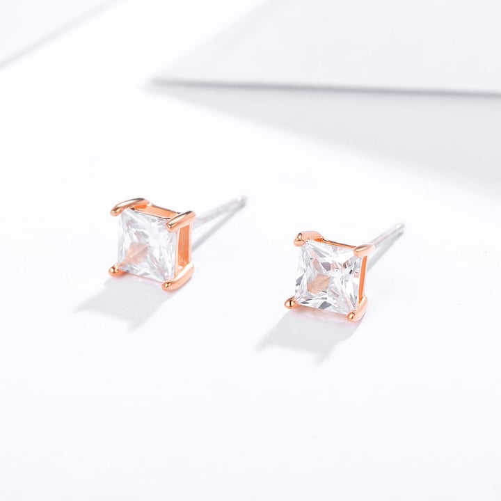 Solitaire Square Clear Cubic Zirconia Sterling Silver Stud Earrings 5mm Rose Gold Plated