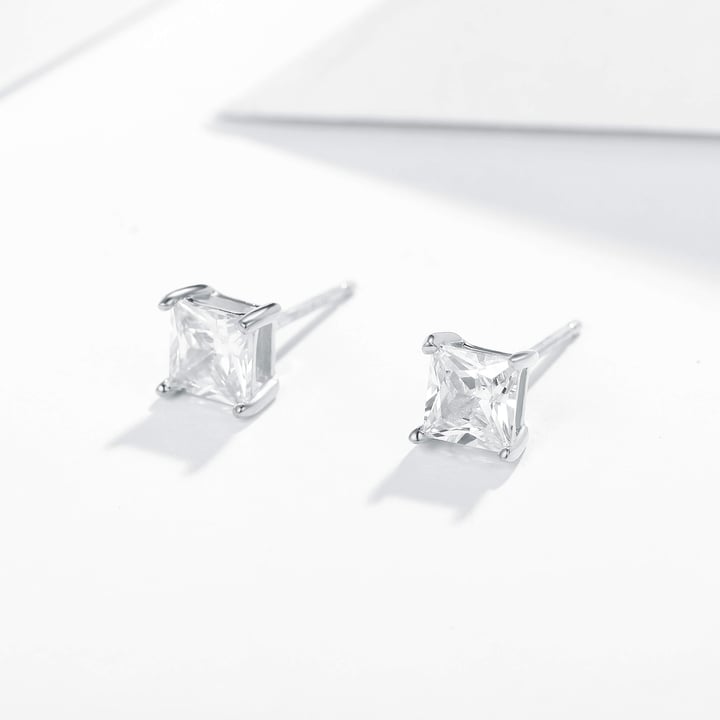 Solitaire Square Clear Cubic Zirconia Sterling Silver Stud Earrings 5mm Rhodium Plated