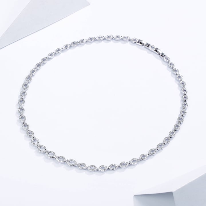 Lace Thin Necklace w Clear Swarovski Crystals Rhodium Plated Bridal