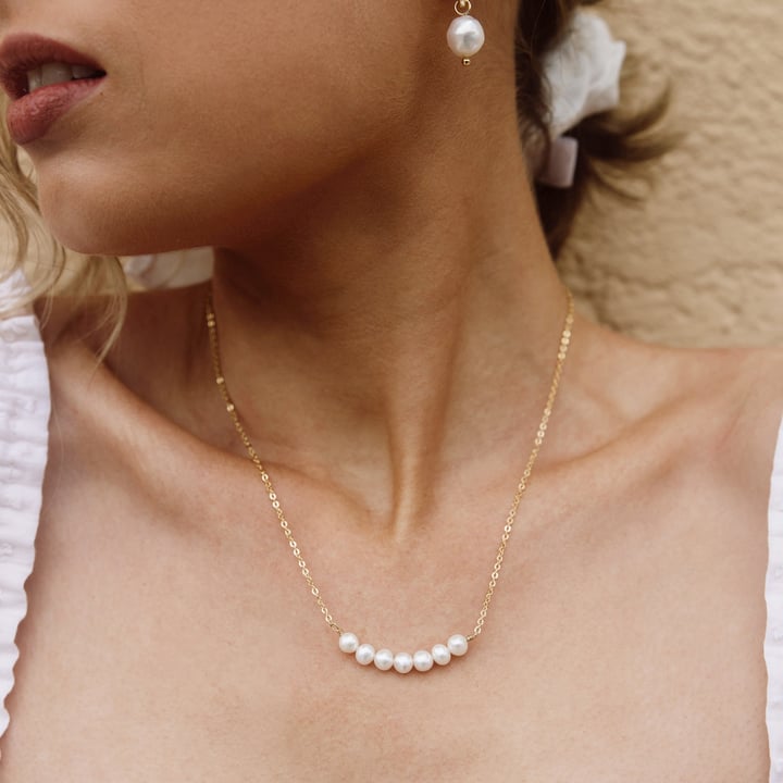 Organic Freshwater Pearl Bar Necklace Rhodium Plated