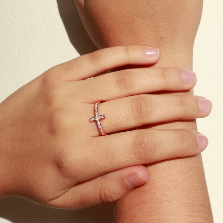 Minimalist Cross Ring with Clear Swarovski Crystals Rose Gold Plated