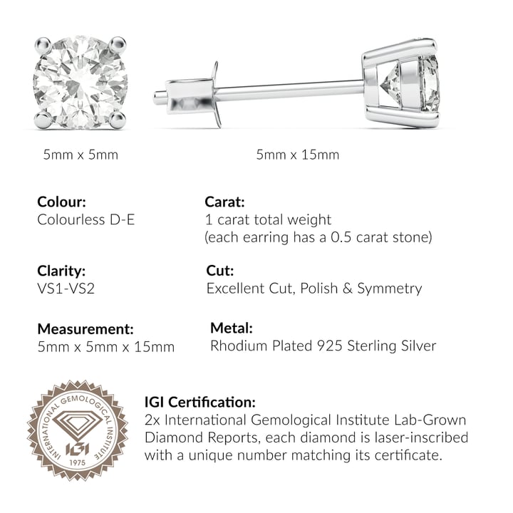 1.00 Carat DE VS+ IGI Certified Lab Grown Diamond Stud Earrings Sterling Silver