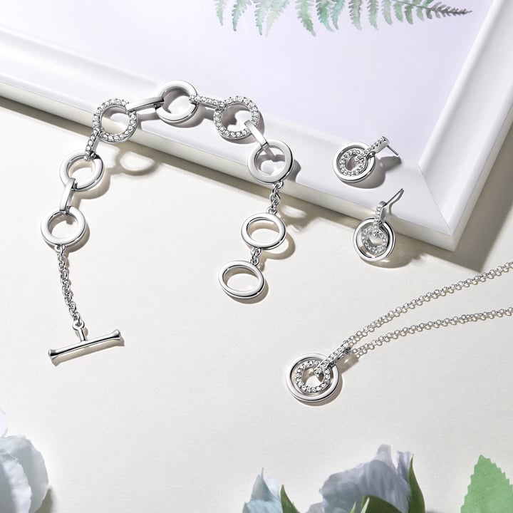 Circle Double Necklace with Clear Crystals Rhodium Plated