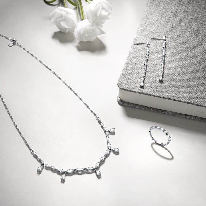 Louison Layer Necklace with Clear Cubic Zirconia Rhodium Plated