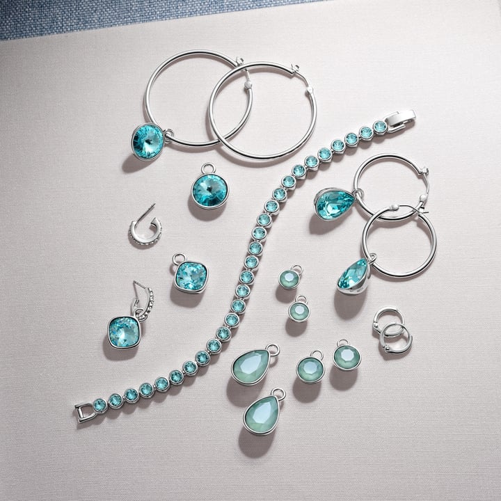 Statement Teardrop Mix Charms with Light Turquoise Swarovski Crystals Rhodium Plated
