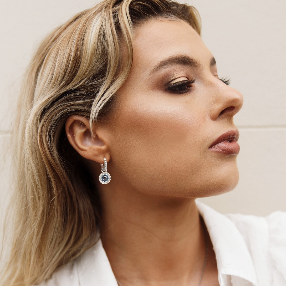 Evil Eye Circle Hoop Earrings Crystals Rhodium Plated