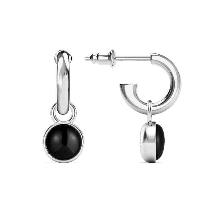 Round Cabochon Drop Earrings Black Onyx Rhodium Plated