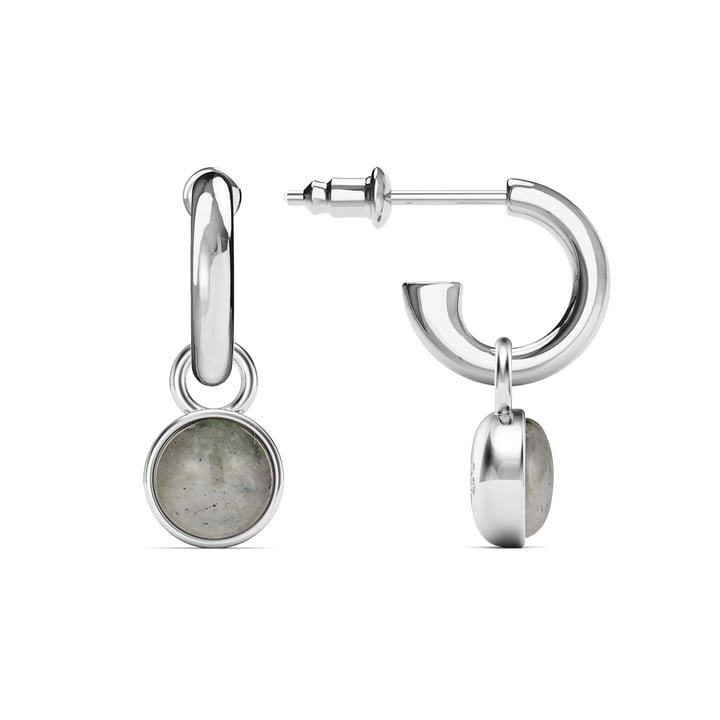 Round Cabochon Drop Earrings Grey Moonstone Rhodium Plated