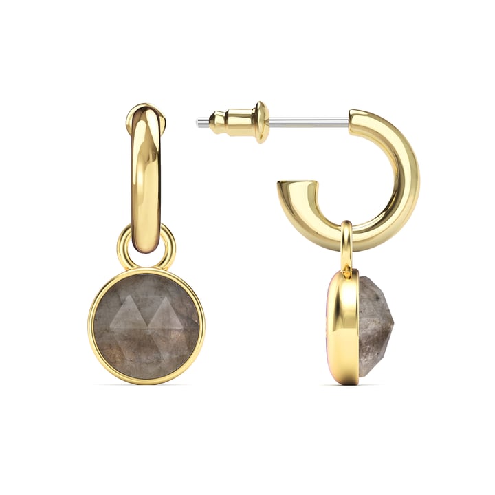 Round Rose Cut Grey Moonstone Drop Earrings Gold Plated