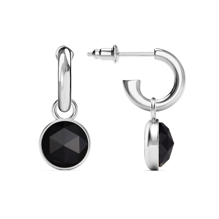Round Rose Cut Black Onyx Drop Earrings Rhodium Plated