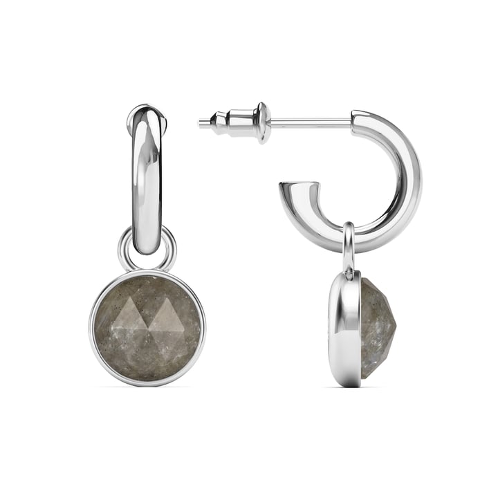 Round Rose Cut Grey Moonstone Drop Earrings Rhodium Plated
