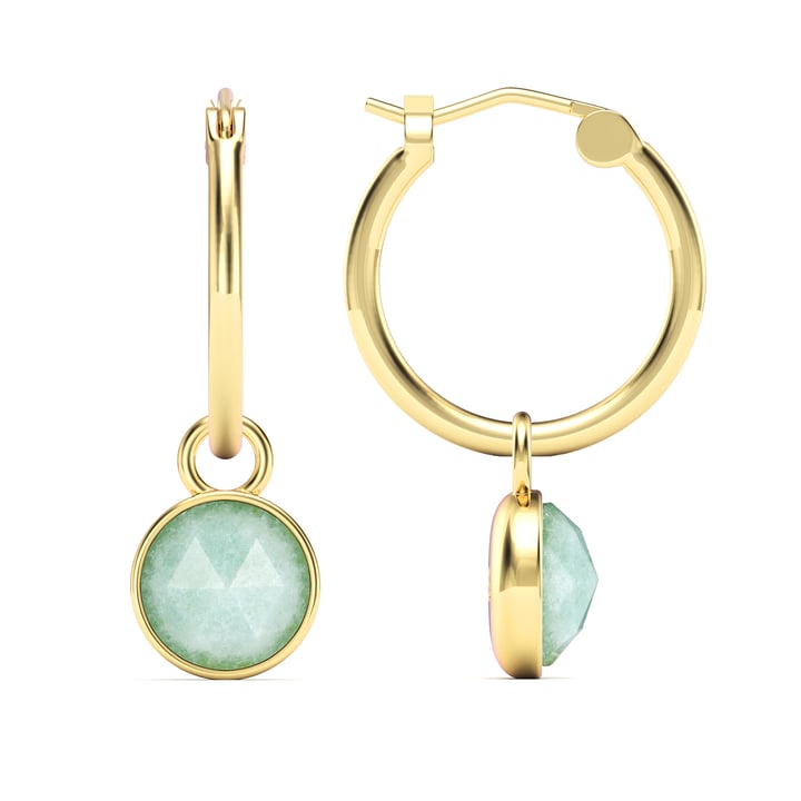 Round Rose Cut Green Aventurine 18mm Hoop Drop Earrings Gold Plated