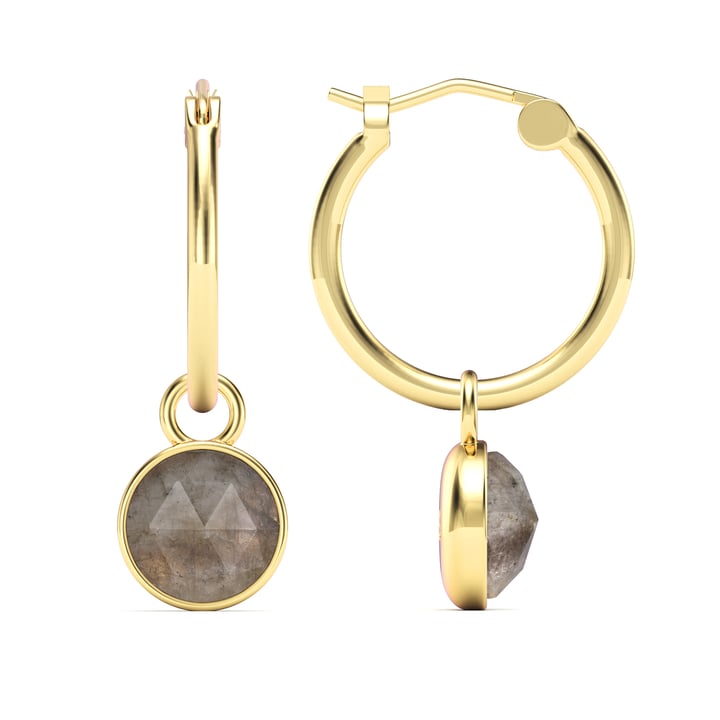 Round Rose Cut Grey Moonstone 18mm Hoop Drop Earrings Gold Plated