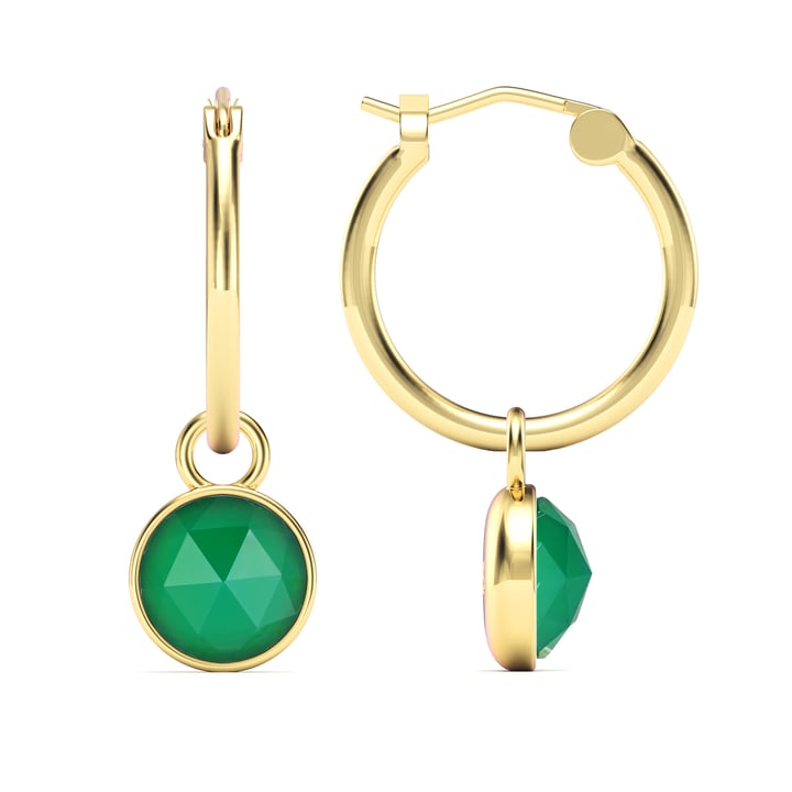 Round Rose Cut Green Onyx 18mm Hoop Drop Earrings Gold Plated