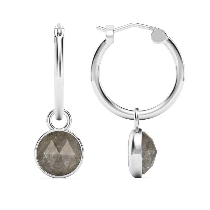 Round Rose Cut Grey Moonstone 18mm Hoop Drop Earrings Rhodium Plated