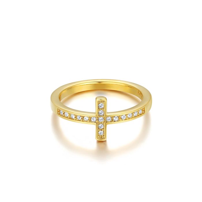 Minimalist Cross Ring with Clear Swarovski Crystals Gold Plated