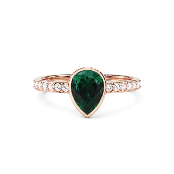 Solitaire Petite Teardrop Ring with Emerald Crystals Rose Gold Plated