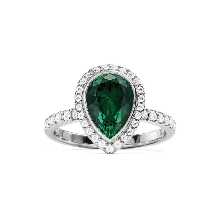 Halo Teardrop Statement Ring with Emerald Crystals Rhodium Plated