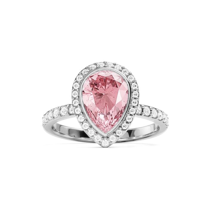 Halo Teardrop Statement Ring with Light Rose Crystals Rhodium Plated