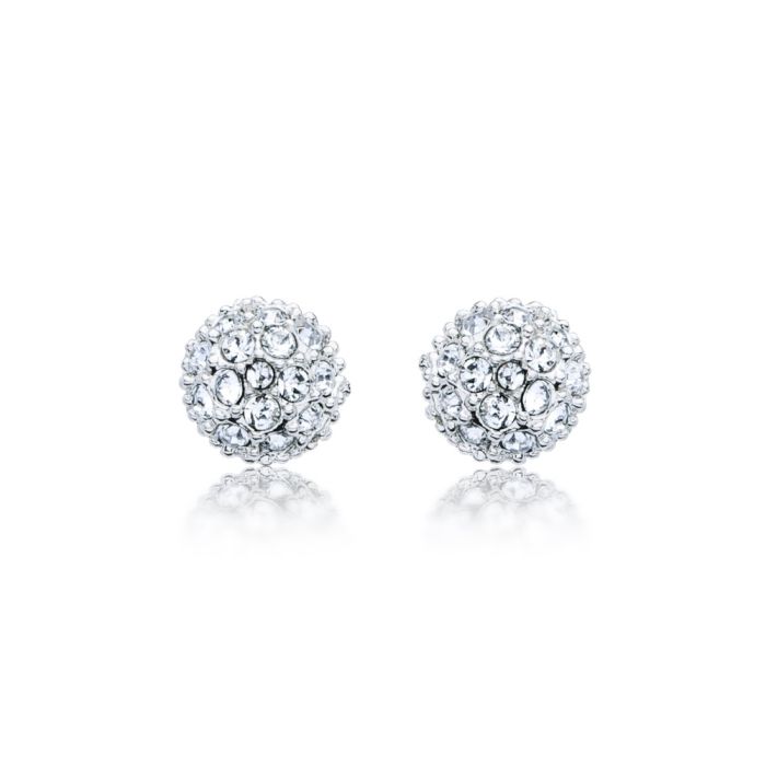Emma Pave Ball Stud Earrings with Clear Swarovski Crystals Rhodium Plated