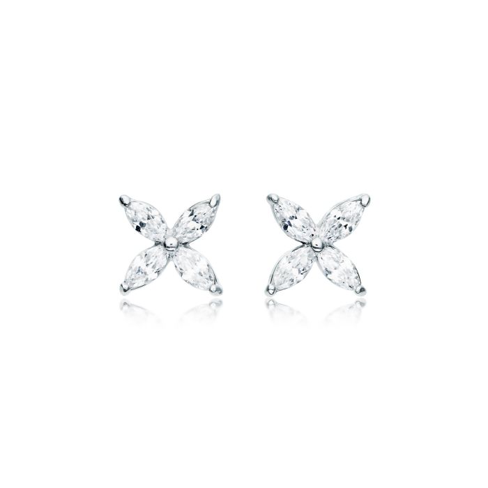 Victoria Flower Marquise Clear CZ Stud Earrings Bridal Rhodium Plated