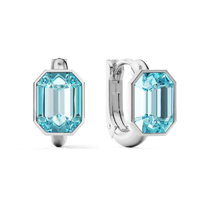 Octagon Statement Hoop Earrings with Aquamarine Crystals Rhodium Plated