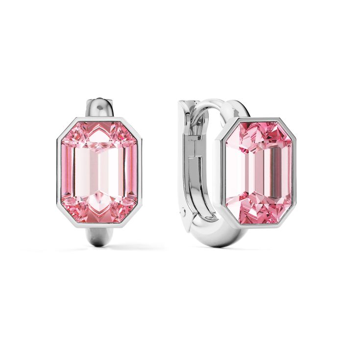 Octagon Statement Hoop Earrings with Light Rose Crystals Rhodium Plated