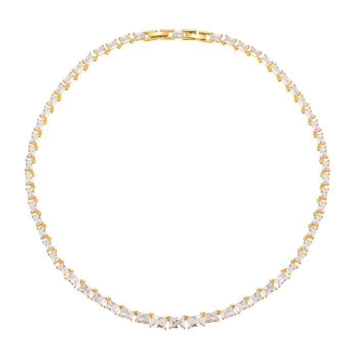 Jazz Tennis Necklace with Baguette Cut Clear Cubic Zirconia Bridal Gold Plated