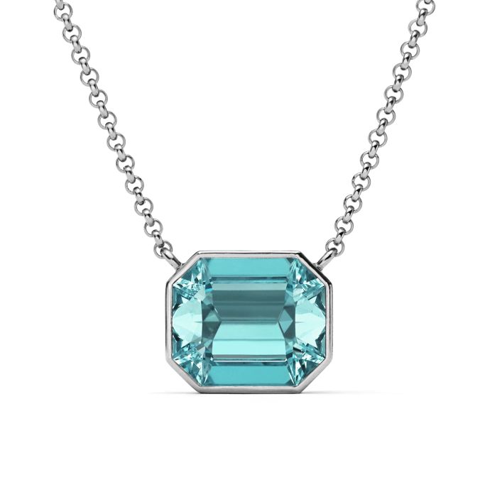 Octagon Pendant Necklace with Light Turquoise Crystals Rhodium Plated