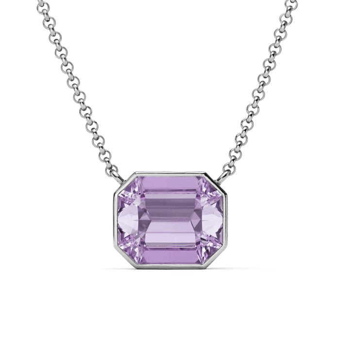 Octagon Pendant Necklace with Violet Crystals Rhodium Plated