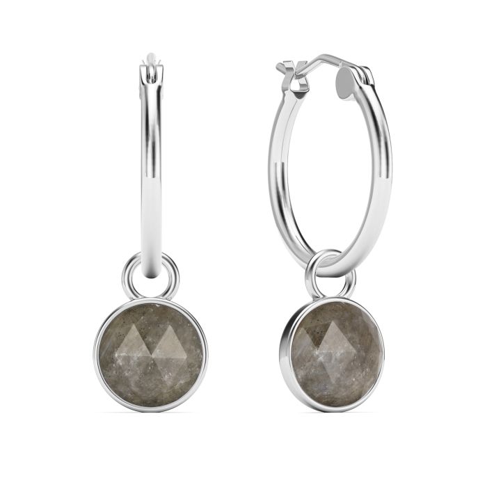 Round Rose Cut Grey Moonstone 18mm Hoop Drop Earrings Rhodium Plated