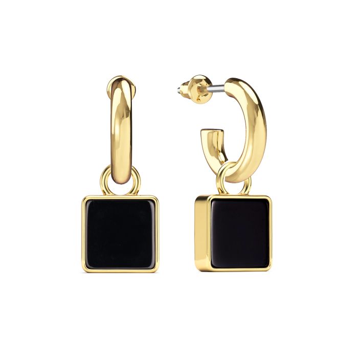 Square Drop Earrings Black Onyx Gold Plated