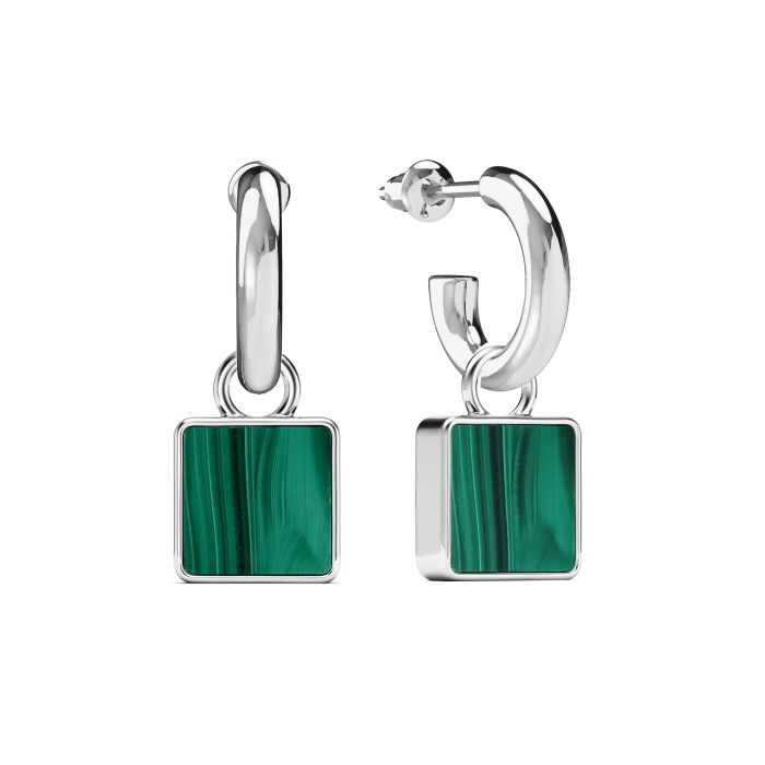 Square Drop Earrings Malachite Rhodium Plated