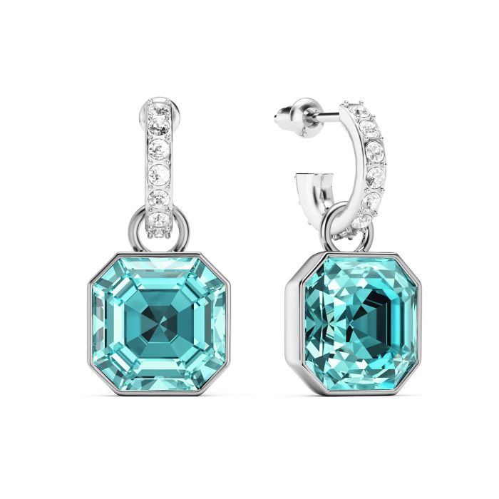 Asscher Mix Charms and Eternity 11mm Carrier Earrings Set Light Turquoise Rhodium Plated