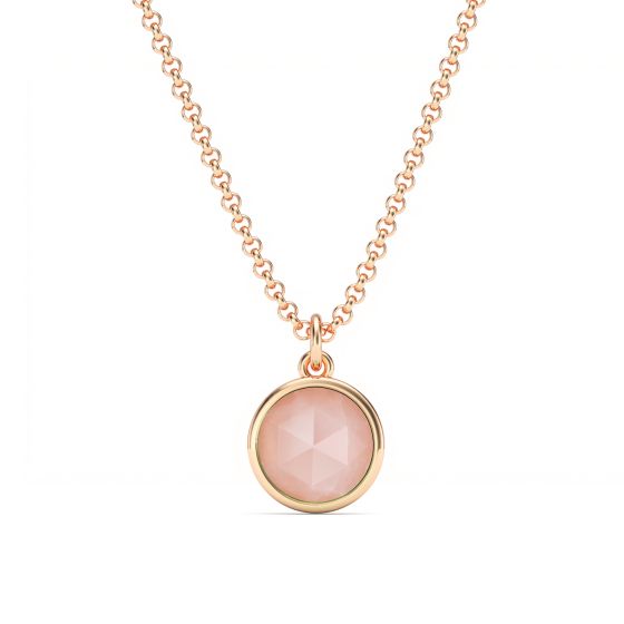 Round Rose Cut Rose Quartz Necklace Pendant in Rose Gold Plated