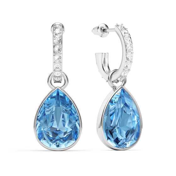 Statement Teardrop Swarovski Crystal Earrings with Light Sapphire Mix Charms Eternity 14mm Hoop Earrings Set Rhodium Plated Clear Crystals