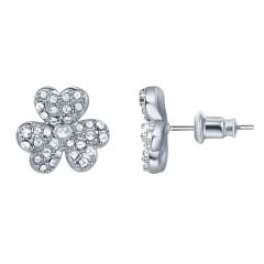 Floral Pave Stud Earrings w Swarovski Crystals Rhodium Plated