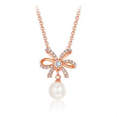 Ribbon Bow Pearl Necklace with Swarovski White Crystal Pearl Rose Gold Plated